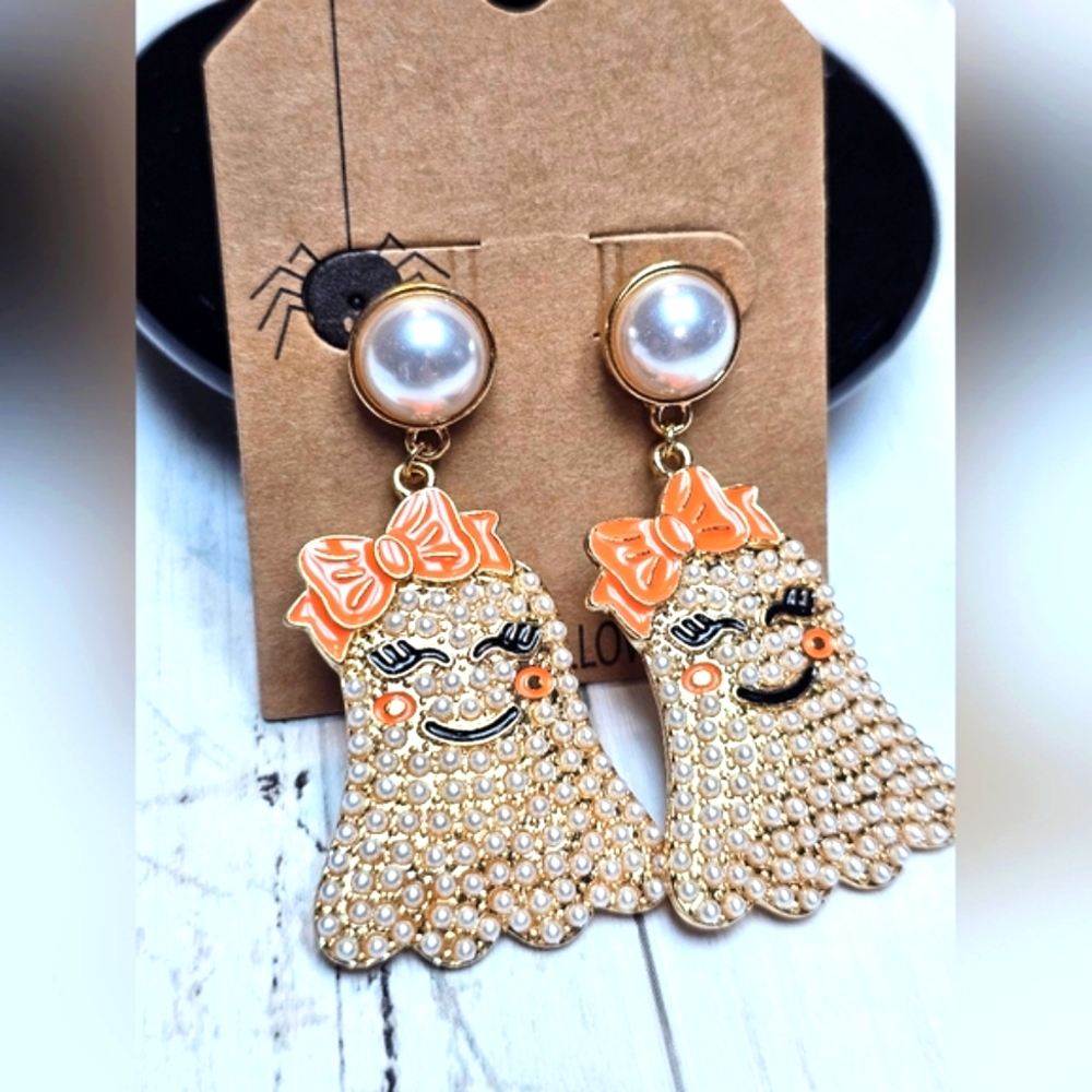NEW Halloween Ghost Gold Pearl Stud Dangle Earrings Orange Bow - Picture 2 of 7
